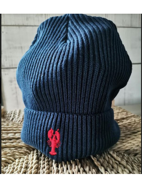 Bonnet de pêcheur- Bleu Marine- brodé Homard Rouge