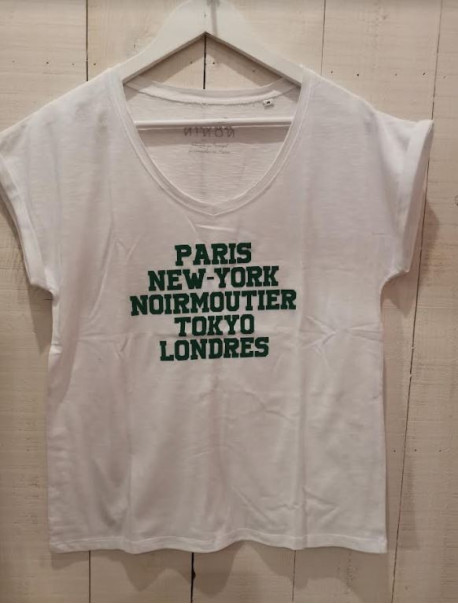 Tee-Shirt femme "Paris NY Noirmoutier Tokyo Londres" Vert paillette